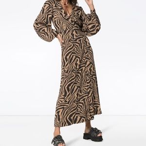 Ganni Tiger Print Crepe Wrap Midi